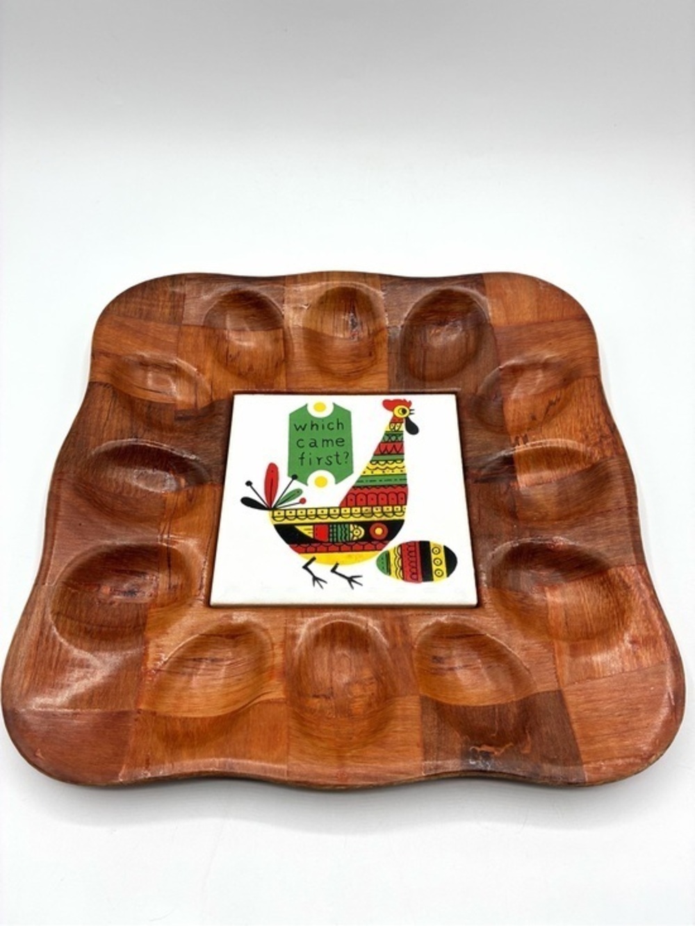 Vintage Farmhouse MCM Deviled Egg Tray “Which Came First” Chicken